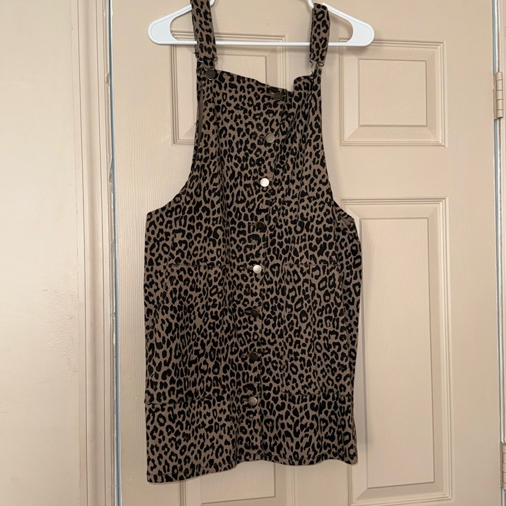 Leopard Print Denim Button Front Overall Dress